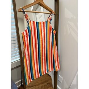 LE LIS Rainbow Stripe Square Neck Tie Back Mini Dress Size L Linen Blend Resort